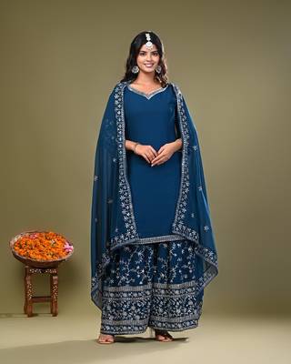  Teal Blue Heavy Embroidered Palazzo with Kurta and Dupatta 1