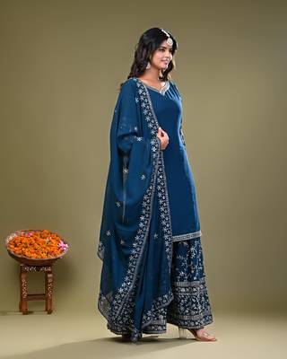  Teal Blue Heavy Embroidered Palazzo with Kurta and Dupatta 3