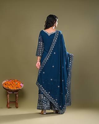  Teal Blue Heavy Embroidered Palazzo with Kurta and Dupatta 4