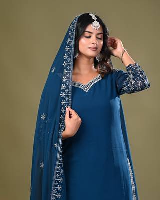  Teal Blue Heavy Embroidered Palazzo with Kurta and Dupatta 5