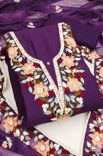 Manvaa women's purple unstitched embroidered heavy roman silk dressaterial 