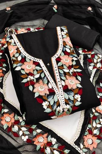 Manvaa women's black unstitched embroidered heavy roman silk dressaterial 