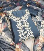 Manvaa women's grey unstitched embroidered heavy roman silk dressaterial