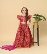 Three piece red party wear lehnga top dupatta set