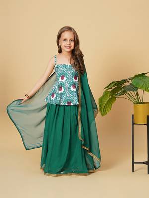 Three piece green party wear lehnga top dupatta set 1