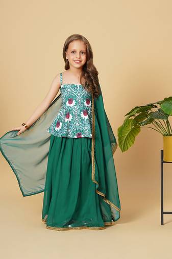 Three piece green party wear lehnga top dupatta set