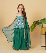 Three piece green party wear lehnga top dupatta set
