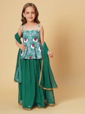 Three piece green party wear lehnga top dupatta set 2
