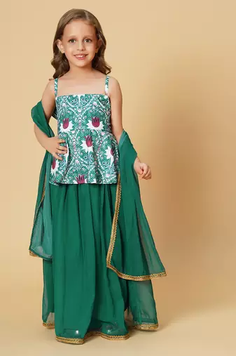 Three piece green party wear lehnga top dupatta set