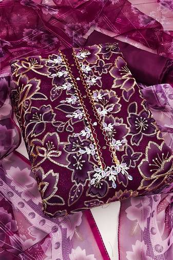 Manvaa women's purple unstitched sequence heavy organza dressaterial 