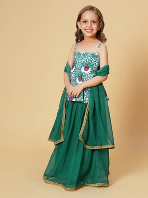 Three piece green party wear lehnga top dupatta set 3