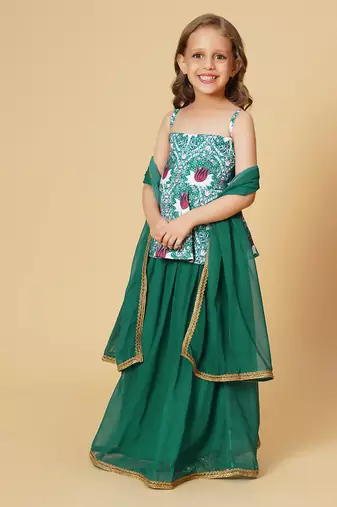 Three piece green party wear lehnga top dupatta set