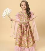 Three piece yellow & pink party wear lehnga top dupatta set