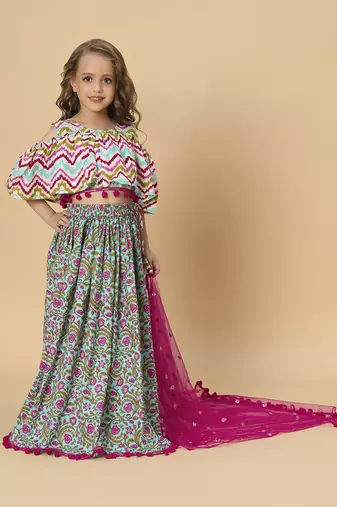Turqoise three piece green party wear lehnga top dupatta set