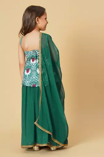 Three piece green party wear lehnga top dupatta set