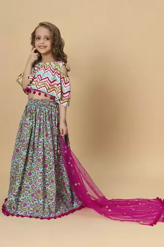 Turqoise three piece green party wear lehnga top dupatta set