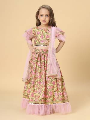 Three piece yellow & pink party wear lehnga top dupatta set 2