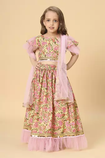 Three piece yellow & pink party wear lehnga top dupatta set
