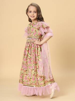 Three piece yellow & pink party wear lehnga top dupatta set 3
