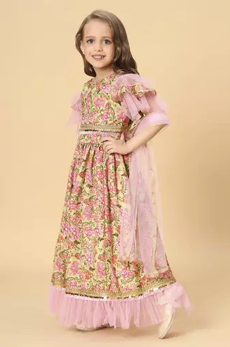 Three piece yellow & pink party wear lehnga top dupatta set
