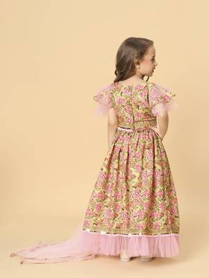 Three piece yellow & pink party wear lehnga top dupatta set 4