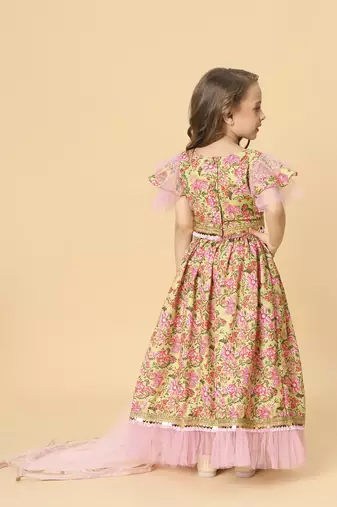 Three piece yellow & pink party wear lehnga top dupatta set