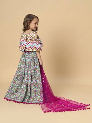 Turqoise three piece green party wear lehnga top dupatta set 4