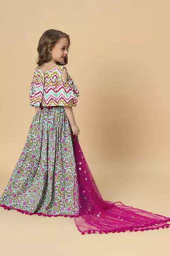 Turqoise three piece green party wear lehnga top dupatta set
