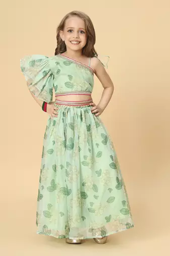 Green two piece green party wear lehenga top dupatta set