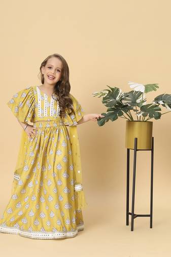 Yellow three piece  party wear lehnga top dupatta set