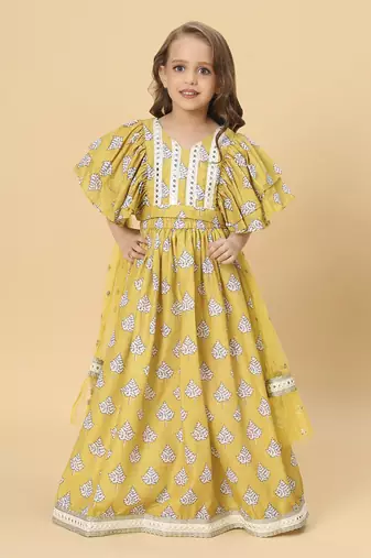 Yellow three piece  party wear lehnga top dupatta set