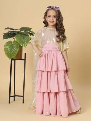 Three piece pink and gold party wear lehnga top dupatta set 1