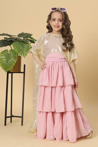 Three piece pink and gold party wear lehnga top dupatta set