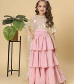 Three piece pink and gold party wear lehnga top dupatta set