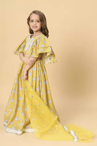 Yellow three piece  party wear lehnga top dupatta set