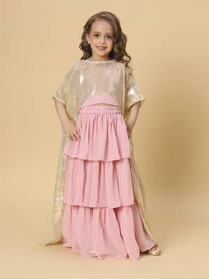 Three piece pink and gold party wear lehnga top dupatta set 2