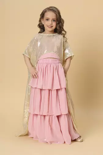 Three piece pink and gold party wear lehnga top dupatta set