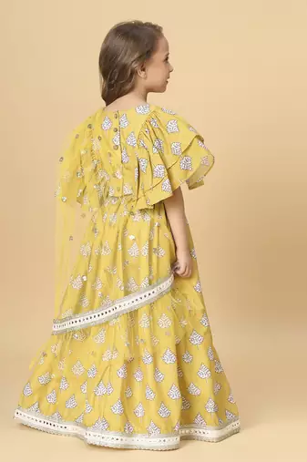 Yellow three piece  party wear lehnga top dupatta set