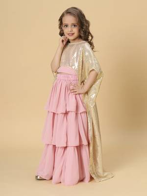 Three piece pink and gold party wear lehnga top dupatta set 4