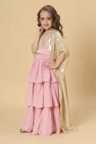 Three piece pink and gold party wear lehnga top dupatta set