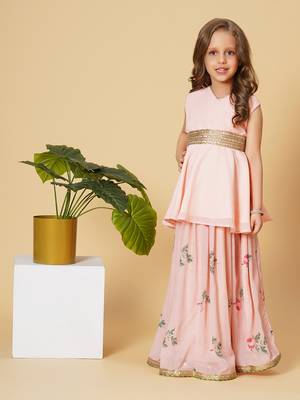 Pink three piece party wear lehnga top set 1