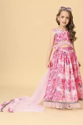 Pink three piece party wear lehnga top set