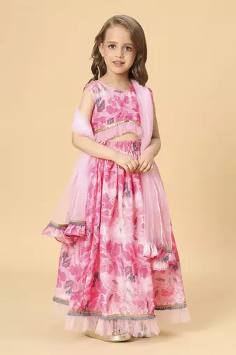 Pink three piece party wear lehnga top set