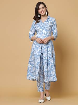 Blue printed cotton kurta set 1