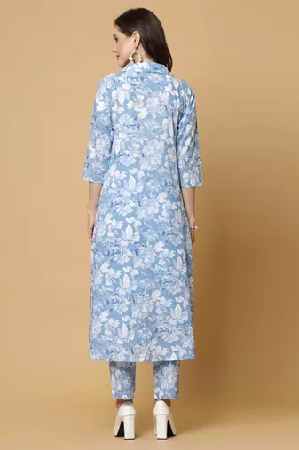 Blue printed cotton kurta set