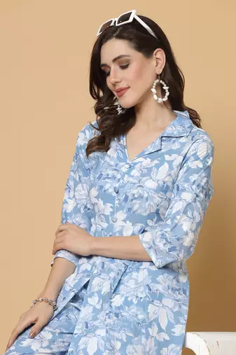 Blue printed cotton kurta set