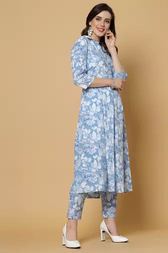 Blue printed cotton kurta set