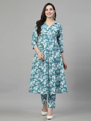 Seagreen printed cotton kurta set 1
