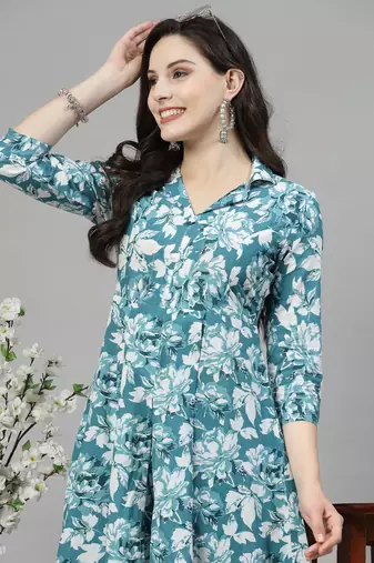 Seagreen printed cotton kurta set