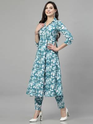 Seagreen printed cotton kurta set 4